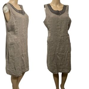 Lina Tomei taupe linen sleeveless shift dress beading at neckline pockets sz L